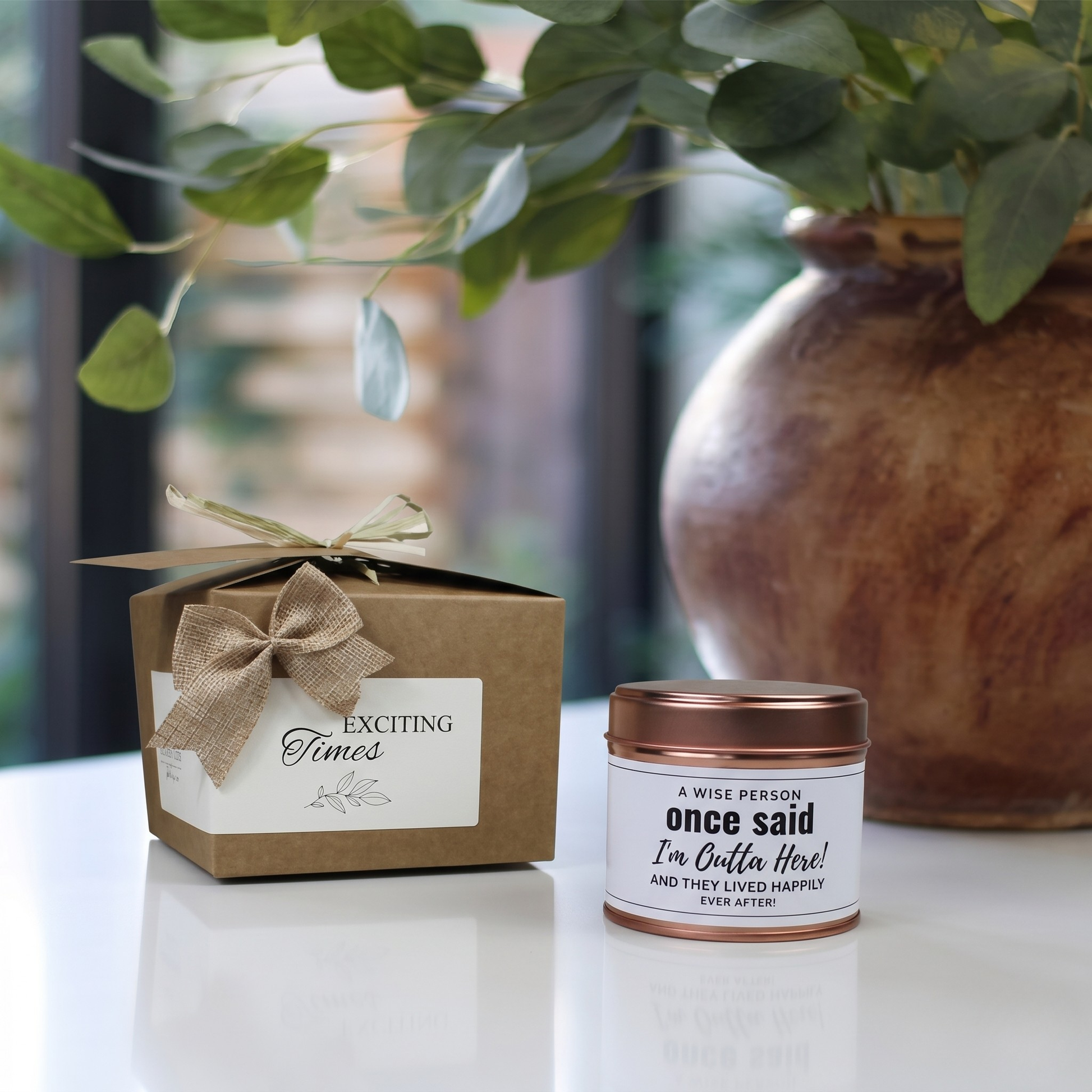 Custom luxury retirement congratulations gift box featuring a humorous coworker farewell candle and matching home fragrance diffuser by Hideaway Home Fragrances.