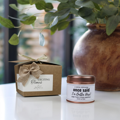 Custom luxury retirement congratulations gift box featuring a humorous coworker farewell candle and matching home fragrance diffuser by Hideaway Home Fragrances.