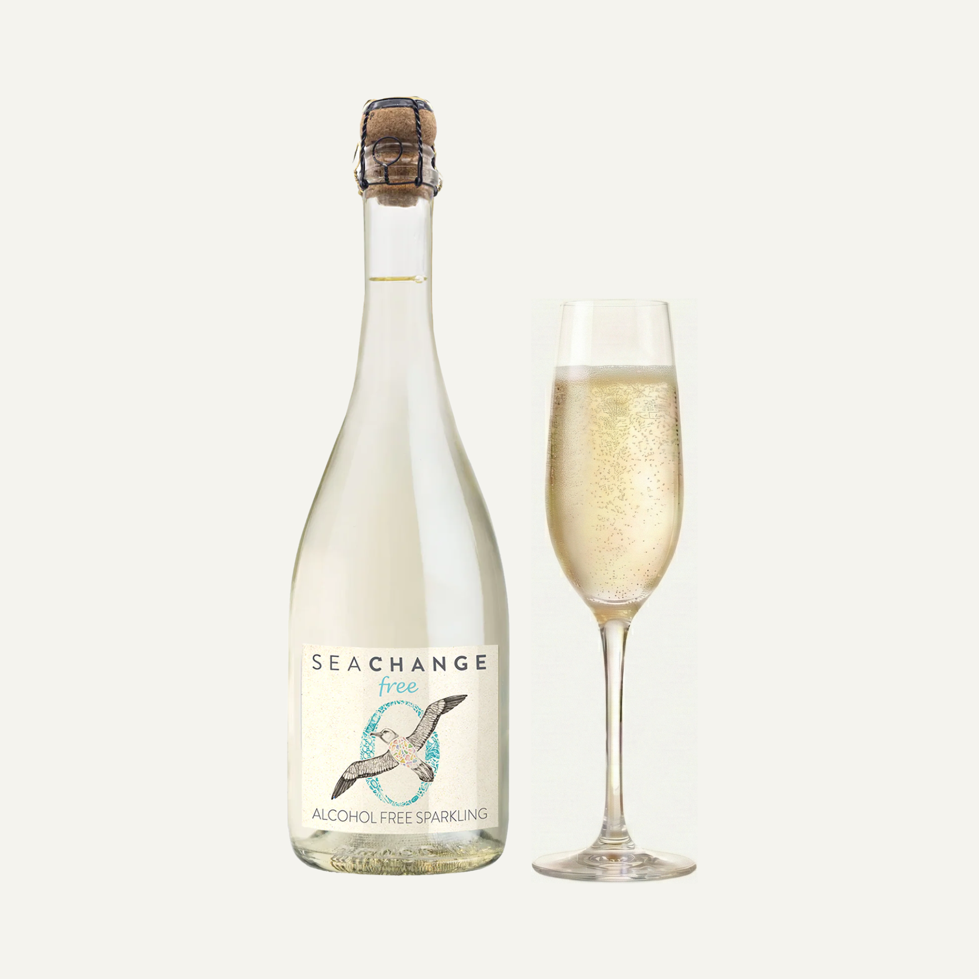 Sea Change Free alcohol-free sparkling drink in eco-friendly, plastic-free packaging with refreshing notes of elderflower, crisp apple and summer mint, supporting marine conservation charities.