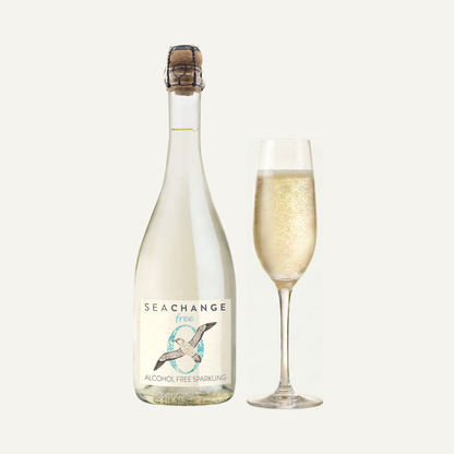 Sea Change Free alcohol-free sparkling drink in eco-friendly, plastic-free packaging with refreshing notes of elderflower, crisp apple and summer mint, supporting marine conservation charities.