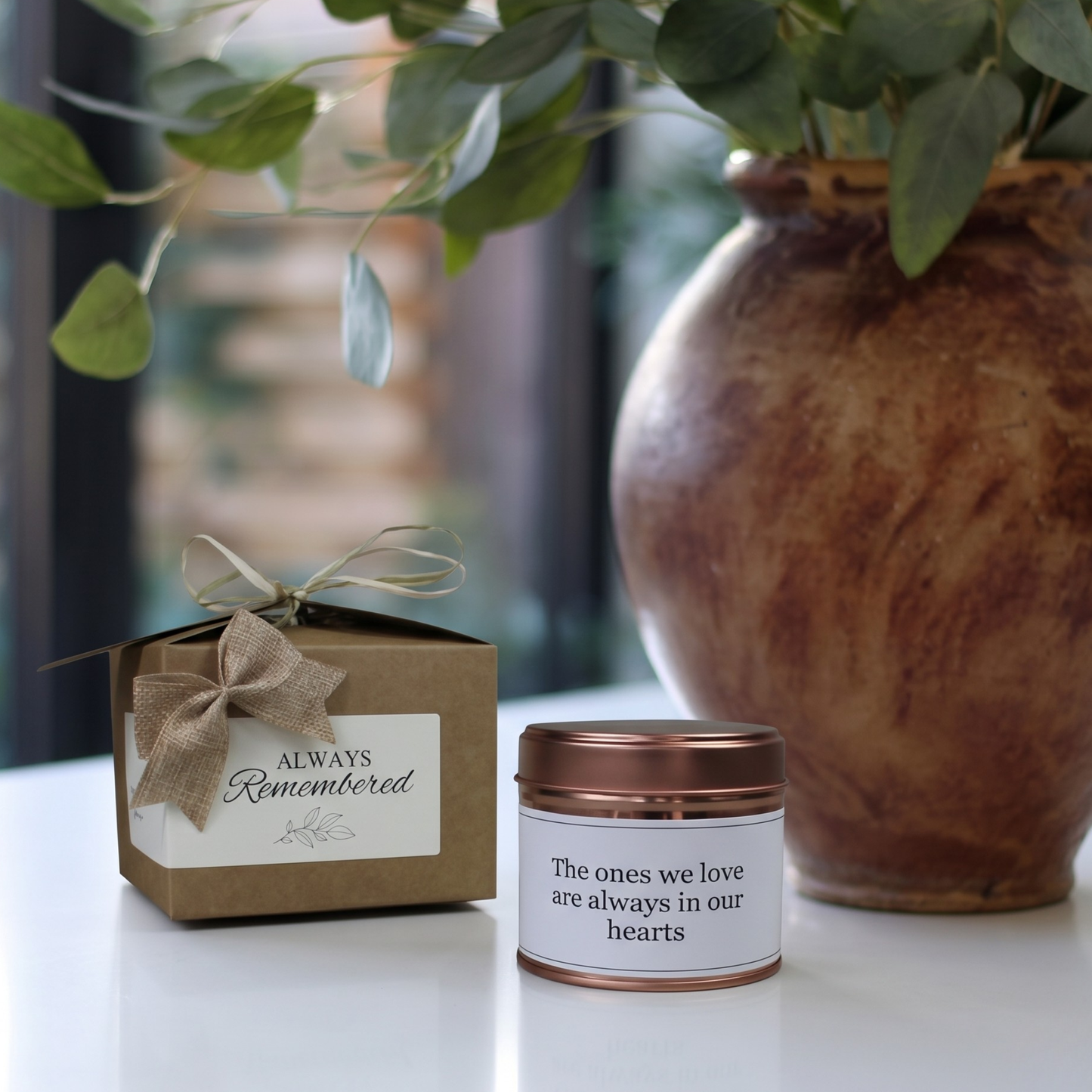Custom sympathy remembrance gift box featuring a personalized memorial tribute candle and matching home fragrance diffuser by Hideaway Home Fragrances.