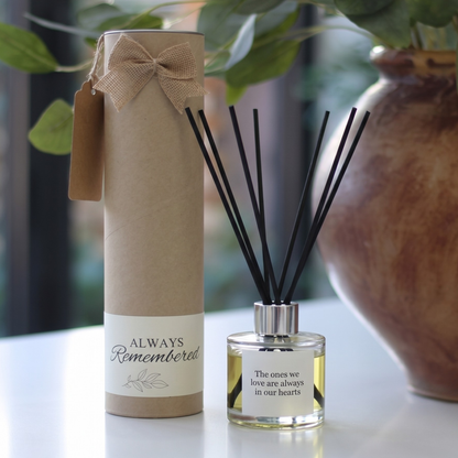 Personalised "Always In Our Hearts" candle and luxury reed diffuser keepsake gift set, beautifully packaged and ready to gift by Hideaway Home Fragrances.