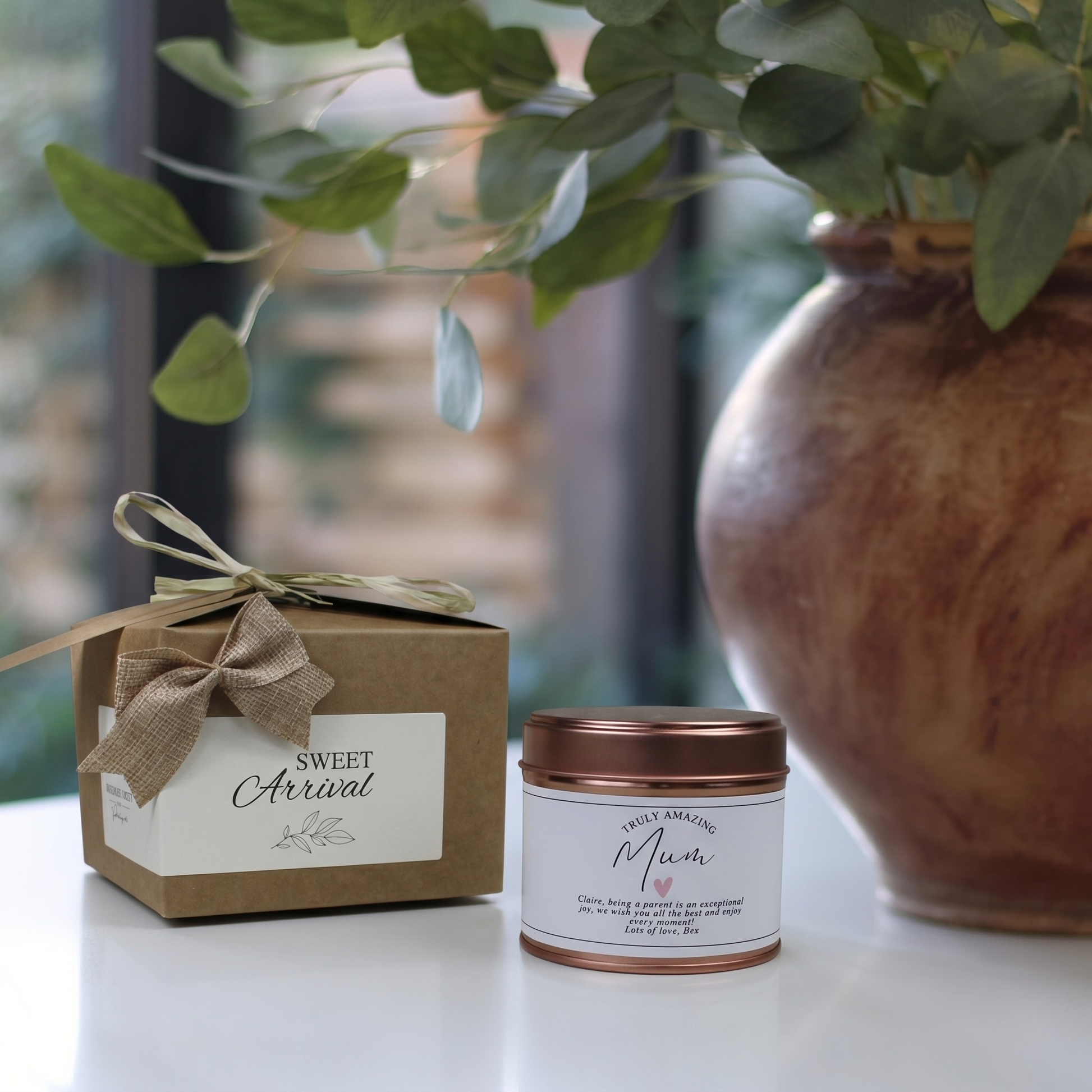 Custom luxury new baby congratulations gift box featuring a personalized new mum keepsake candle and matching home fragrance diffuser by Hideaway Home Fragrances.