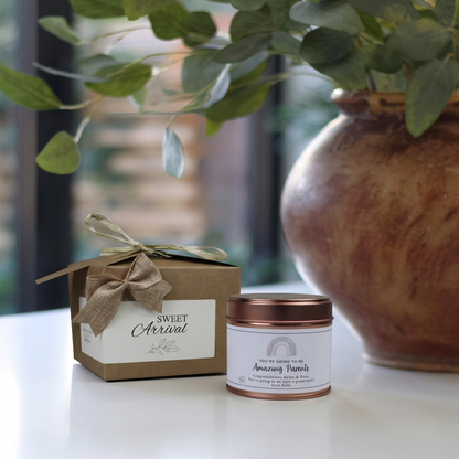 Custom luxury new baby congratulations gift box featuring a personalized new parents keepsake candle and matching home fragrance diffuser by Hideaway Home Fragrances.