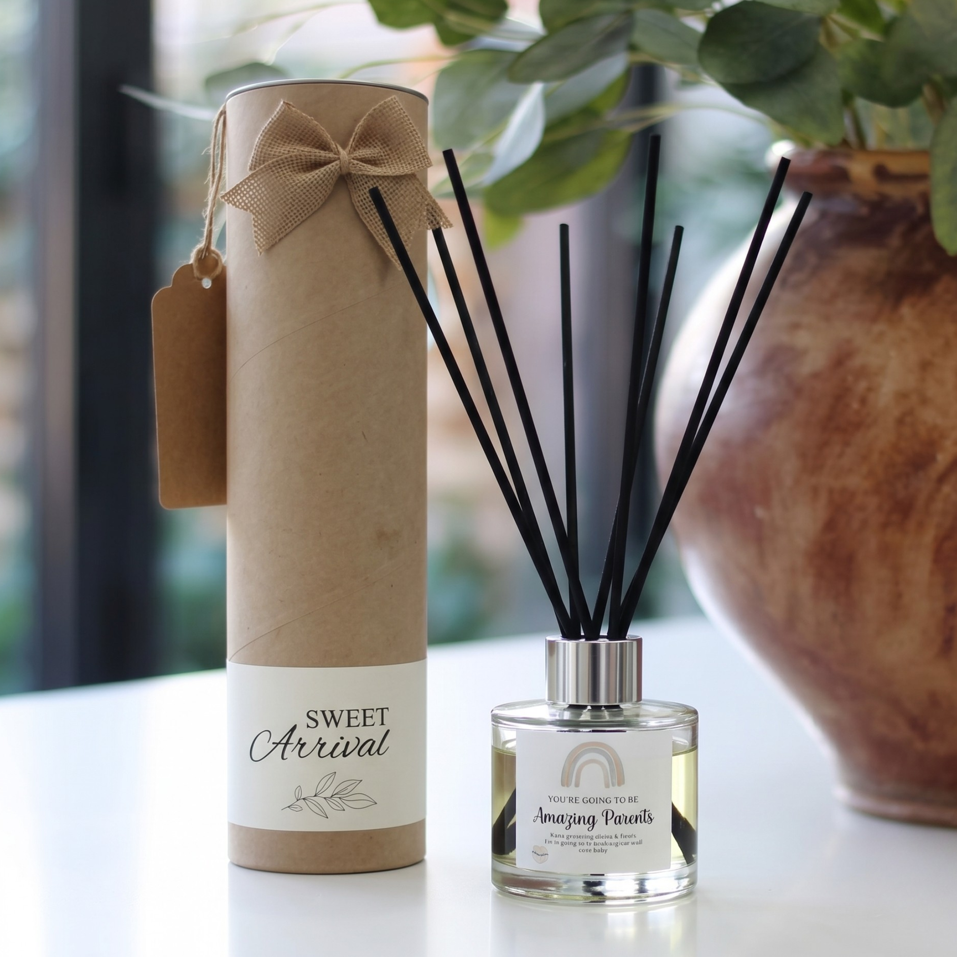 Personalised "Amazing New Parents" keepsake candle and luxury reed diffuser gift set, beautifully packaged and ready to gift by Hideaway Home Fragrances.