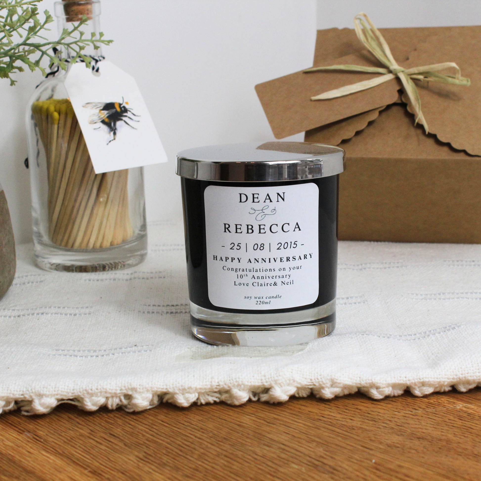 Hand-poured anniversary candle in black or white glass with gift box and handwritten tag - Hideaway Home Fragrances