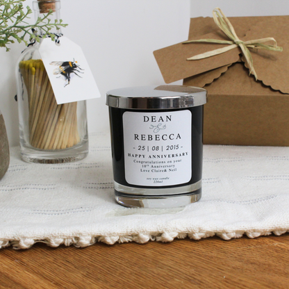 Hand-poured anniversary candle in black or white glass with gift box and handwritten tag - Hideaway Home Fragrances