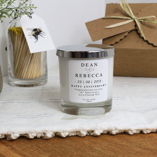 Personalised anniversary candle with custom names, date, and message - Hideaway Home Fragrances
