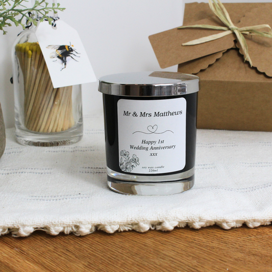 Luxury hand-poured candle keepsake with bespoke label and anniversary number – Hideaway Home Fragrances