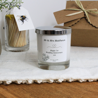 Personalised anniversary candle with couple’s names and custom year – Hideaway Home Fragrances