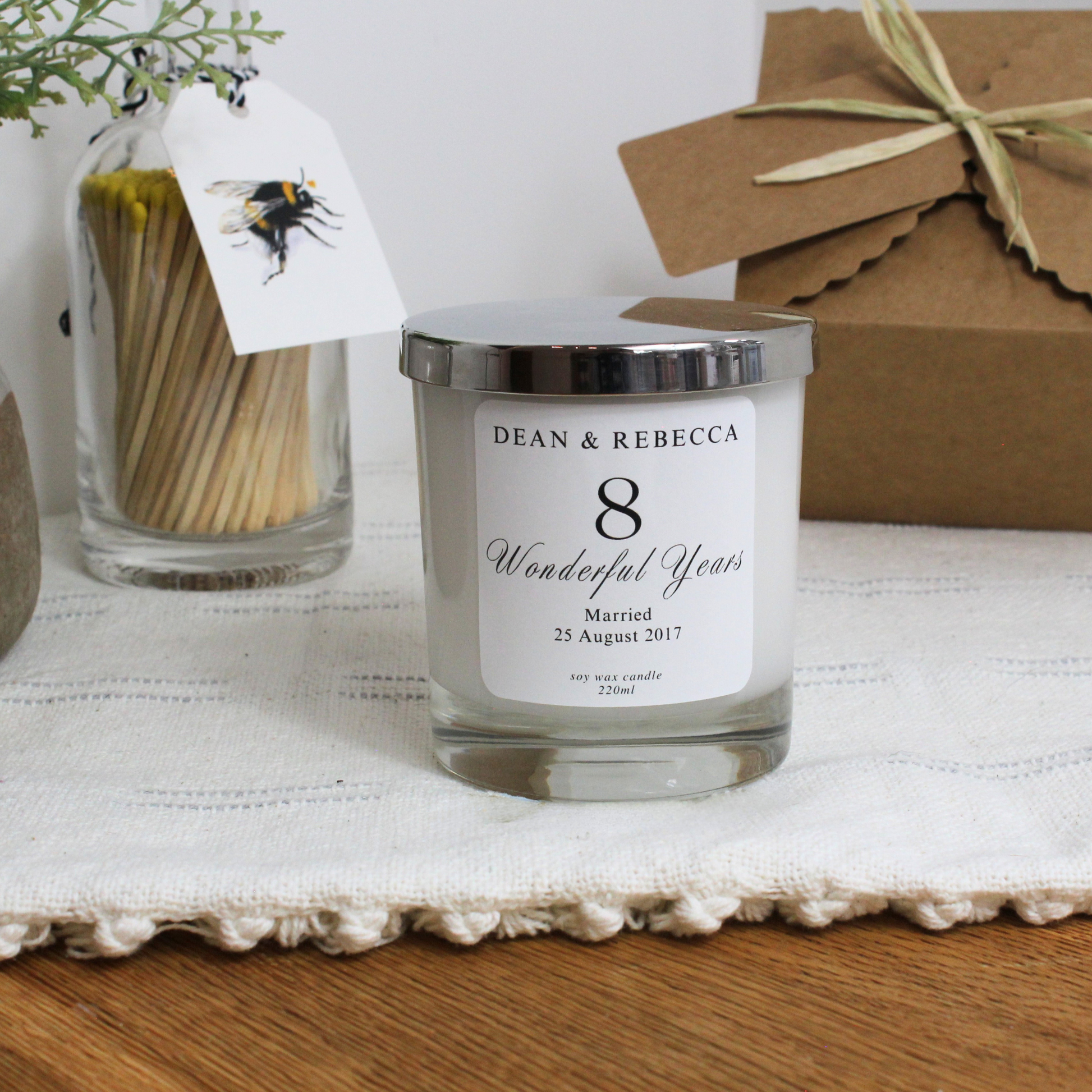 Luxury hand-poured anniversary candle keepsake with custom names and years together – Hideaway Home Fragrances