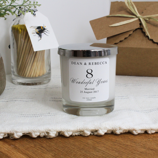 Luxury hand-poured anniversary candle keepsake with custom names and years together – Hideaway Home Fragrances