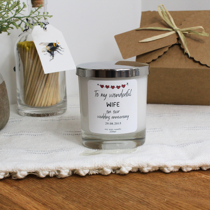 Luxury white glass anniversary candle with gift box and handwritten tag - Hideaway Home Fragrances