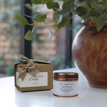 Custom anxiety care package gift box featuring a funny mental health empowerment candle and matching home fragrance diffuser by Hideaway Home Fragrances.