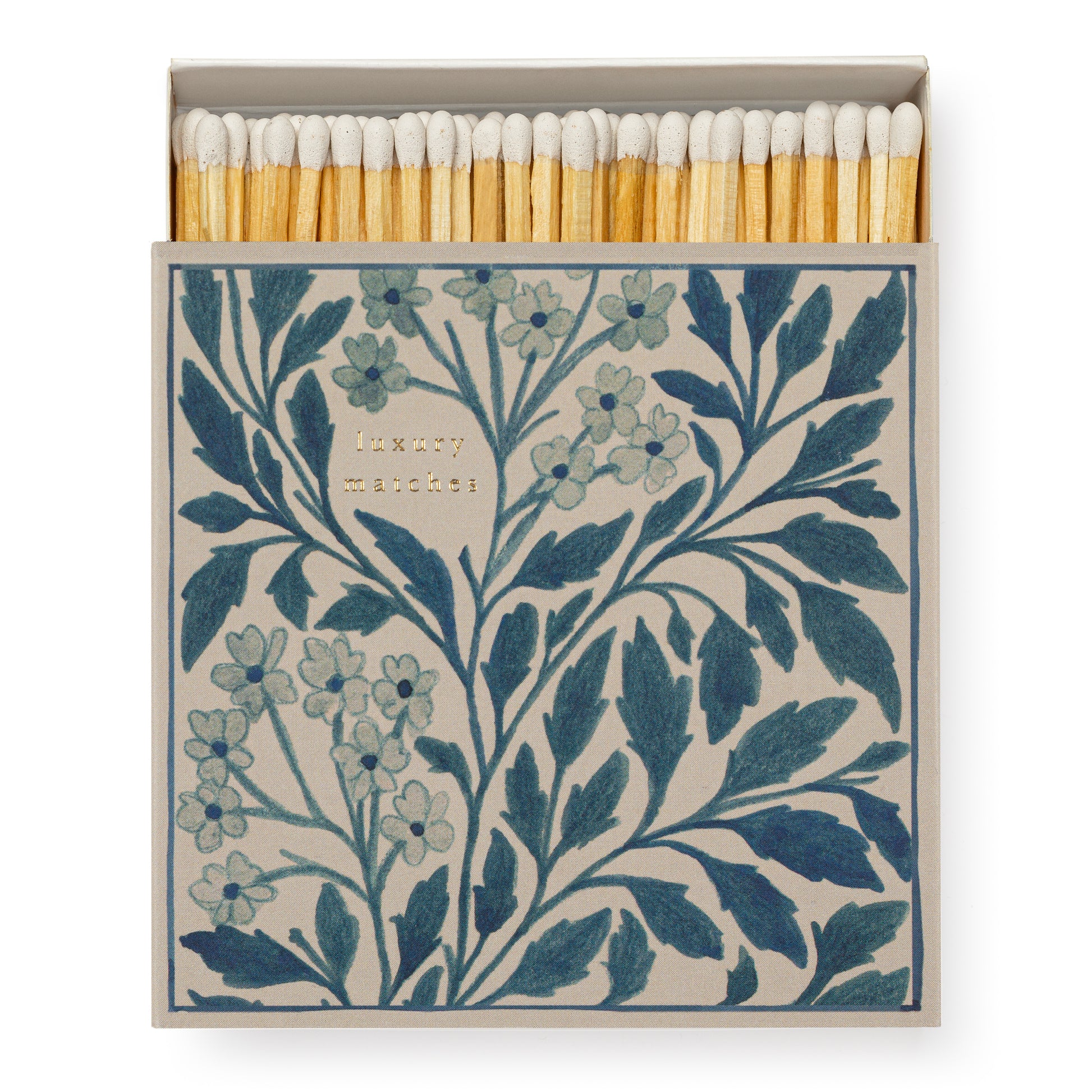 Blue Floral Luxury Matchbox with gold text, a collaboration with Wanderlust Paper Co. - Hideaway Home Fragrances