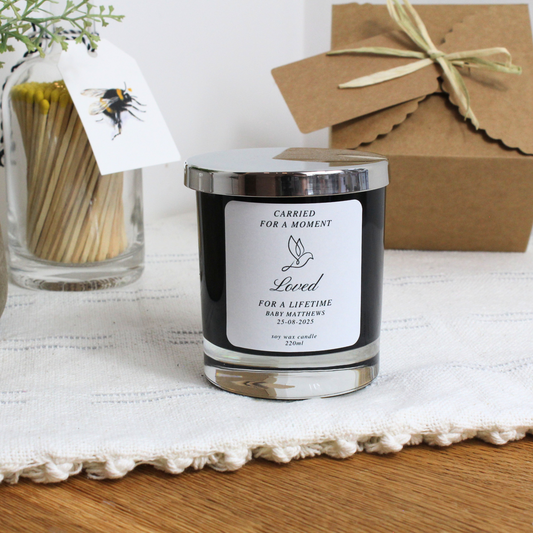 Memorial candle gift with baby’s name and date of birth for remembrance – Hideaway Home Fragrances