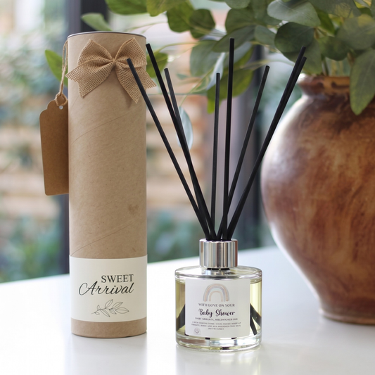 Personalised "Baby Shower" keepsake candle and luxury reed diffuser gift set, beautifully packaged and ready to gift by Hideaway Home Fragrances.