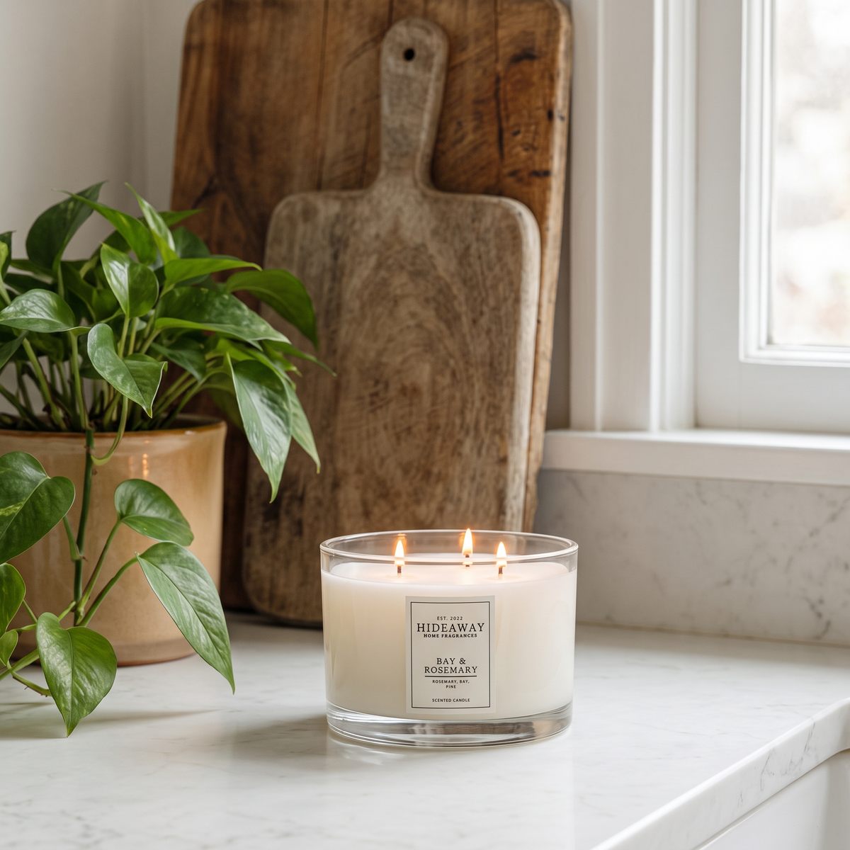 3-wick Bay and Rosemary scented candle by Hideaway Home Fragrances burning on a wooden tray with fresh greenery and lemons