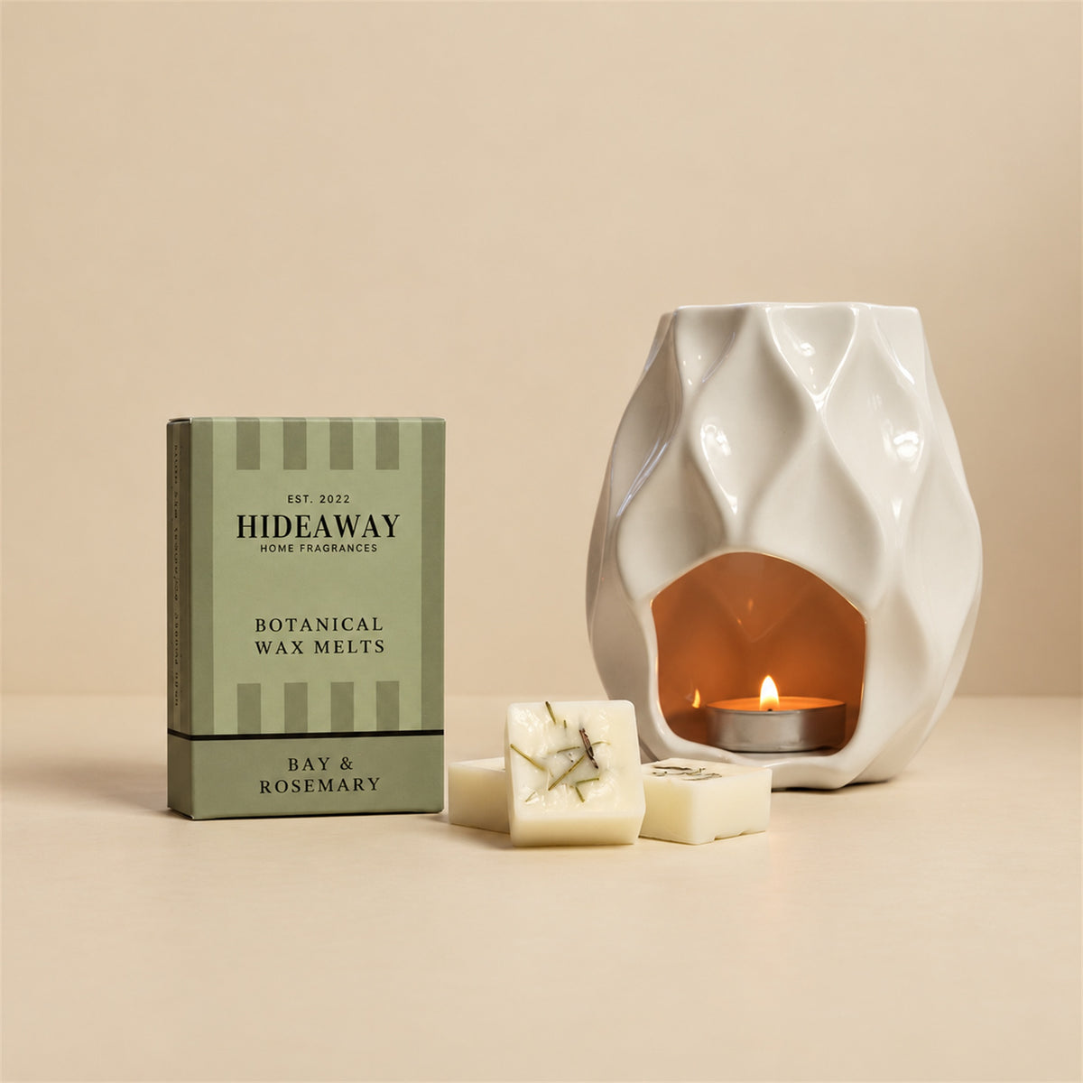 Hideaway Home Fragrances bay and rosemary botanical wax melts packaging displaying notes of citrus, lavender, and pine