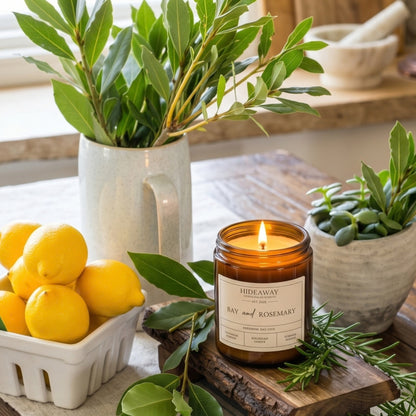 Lit bay and rosemary amber glass candle casting a warm cosy glow on a wooden table, crafted by Hideaway Home Fragrances