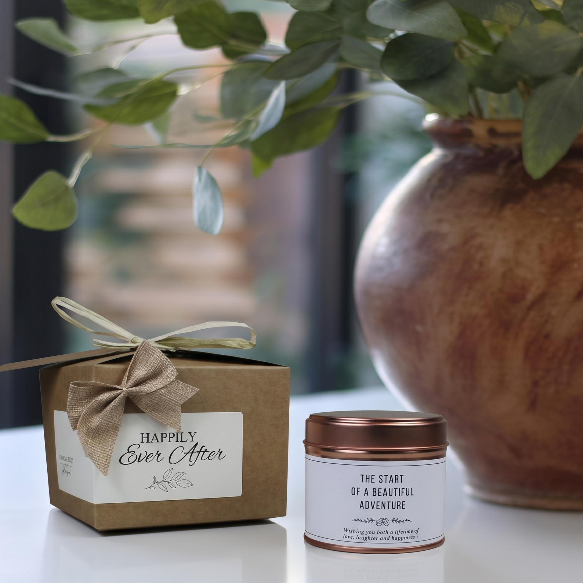Ready-to-gift keepsake box for an adventurous newlywed couple containing a custom handmade soy candle and home diffuser – Hideaway Home Fragrances