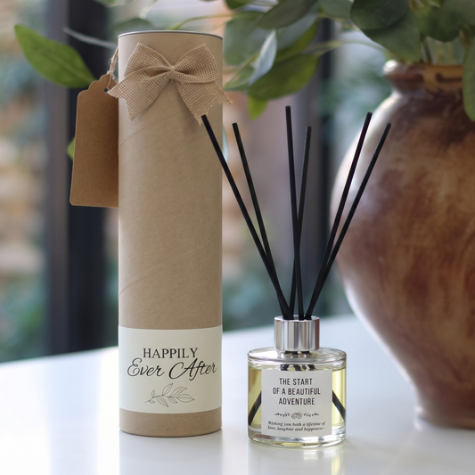 Personalised "Beautiful Adventure" wedding day gift set featuring a luxury scented candle and reed diffuser – Hideaway Home Fragrances