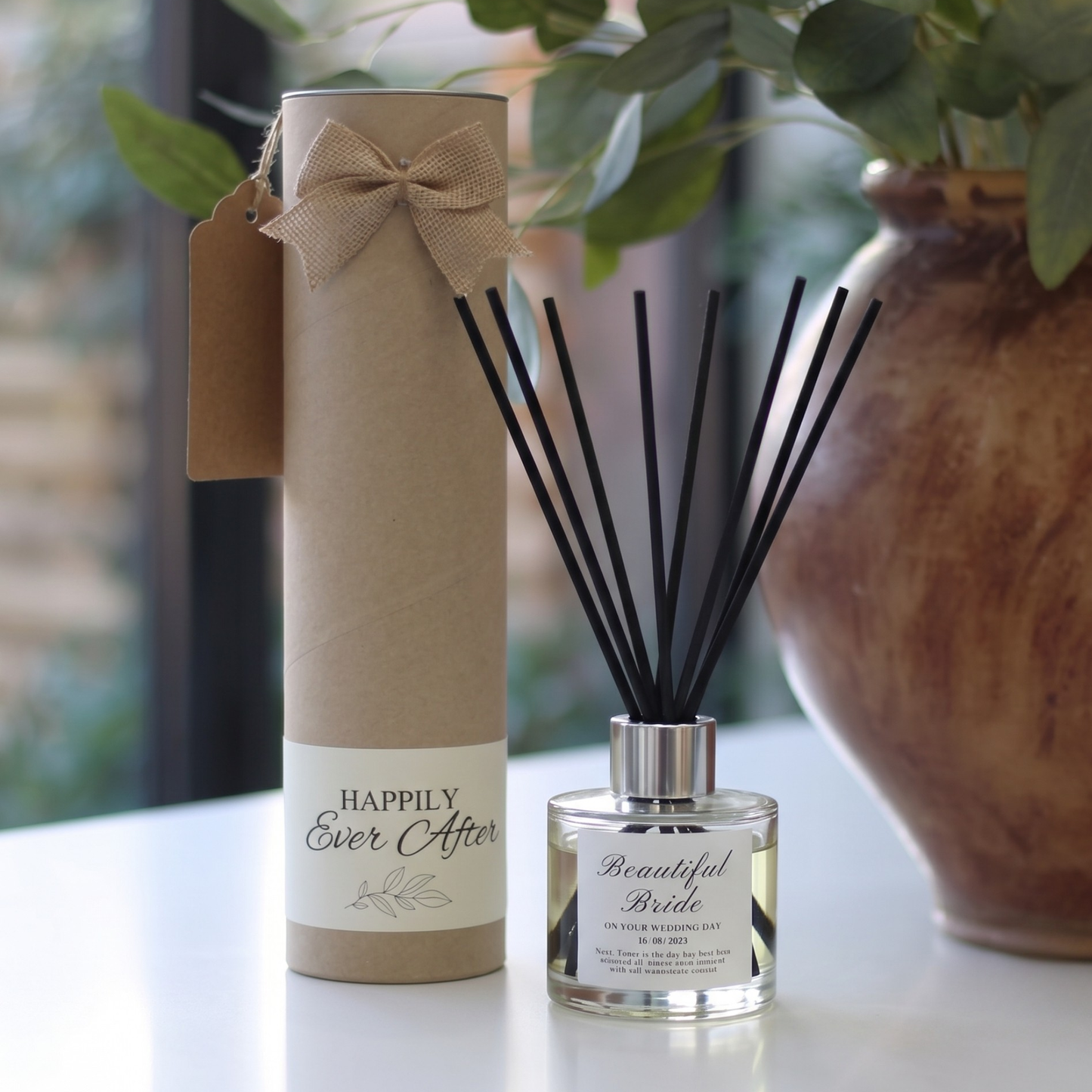 Luxury "Beautiful Bride" wedding day gift set featuring a personalised scented candle and matching reed diffuser – Hideaway Home Fragrances