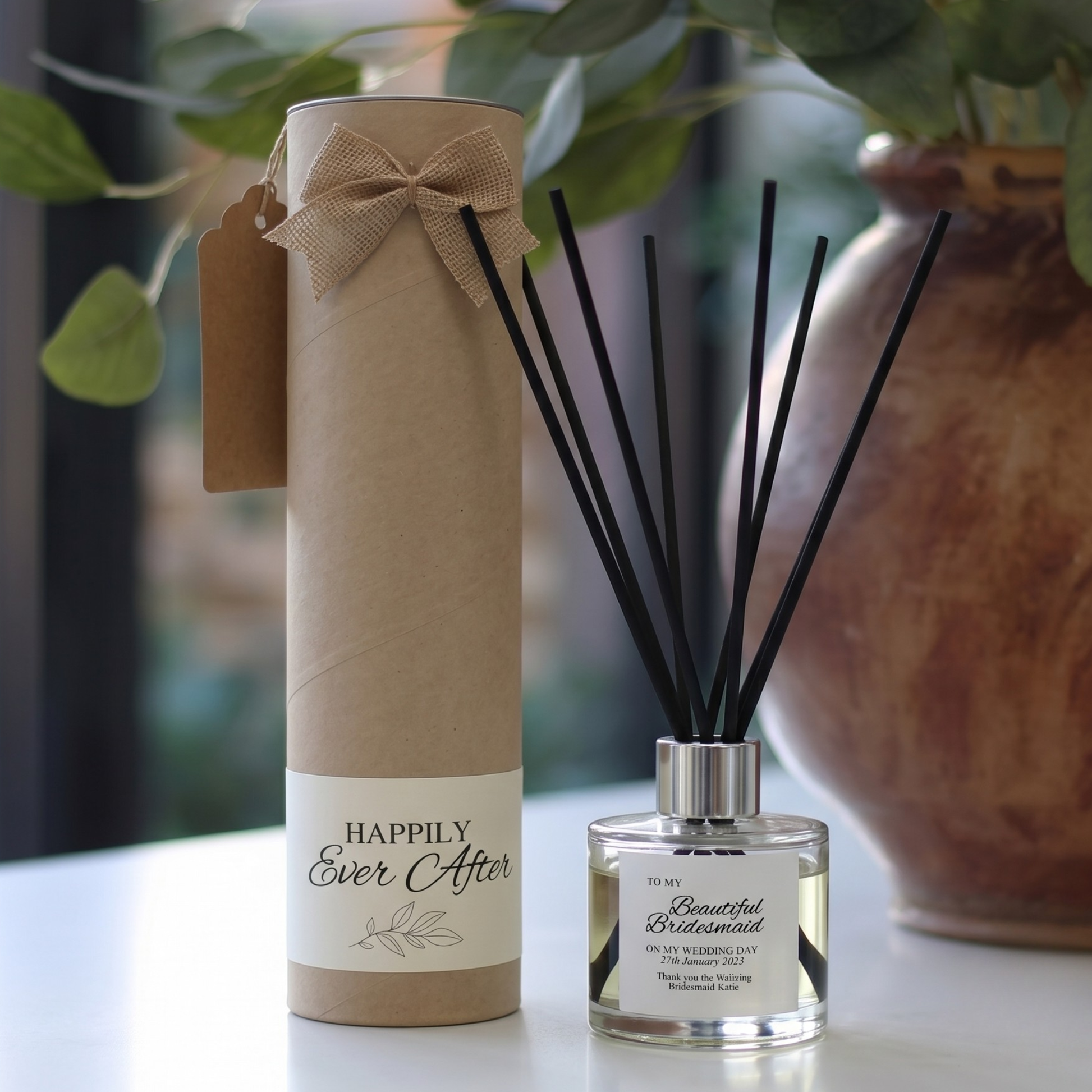 Personalised "Beautiful Bridesmaid" thank you gift set featuring a luxury scented candle and matching reed diffuser – Hideaway Home Fragrances