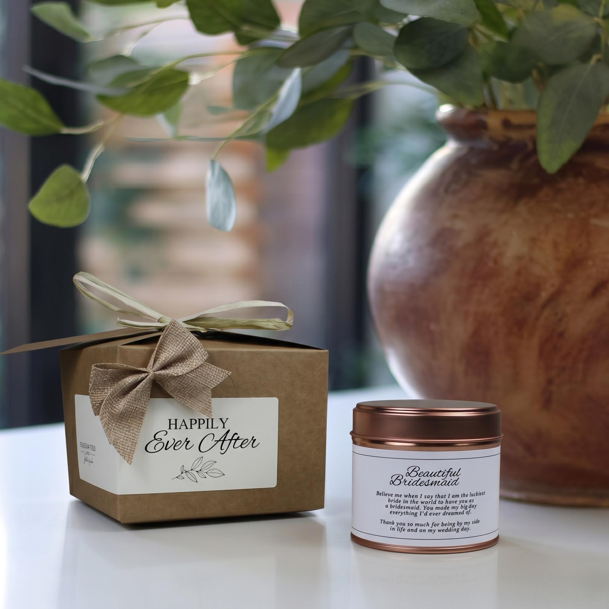 Ready-to-gift bridesmaid appreciation keepsake box containing a custom handmade soy candle and premium home diffuser – Hideaway Home Fragrances