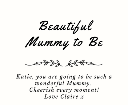 Luxury personalized expectant mother pamper gift set with a sentimental mummy to be tribute candle and reed diffuser, elegantly boxed by Hideaway Home Fragrances.