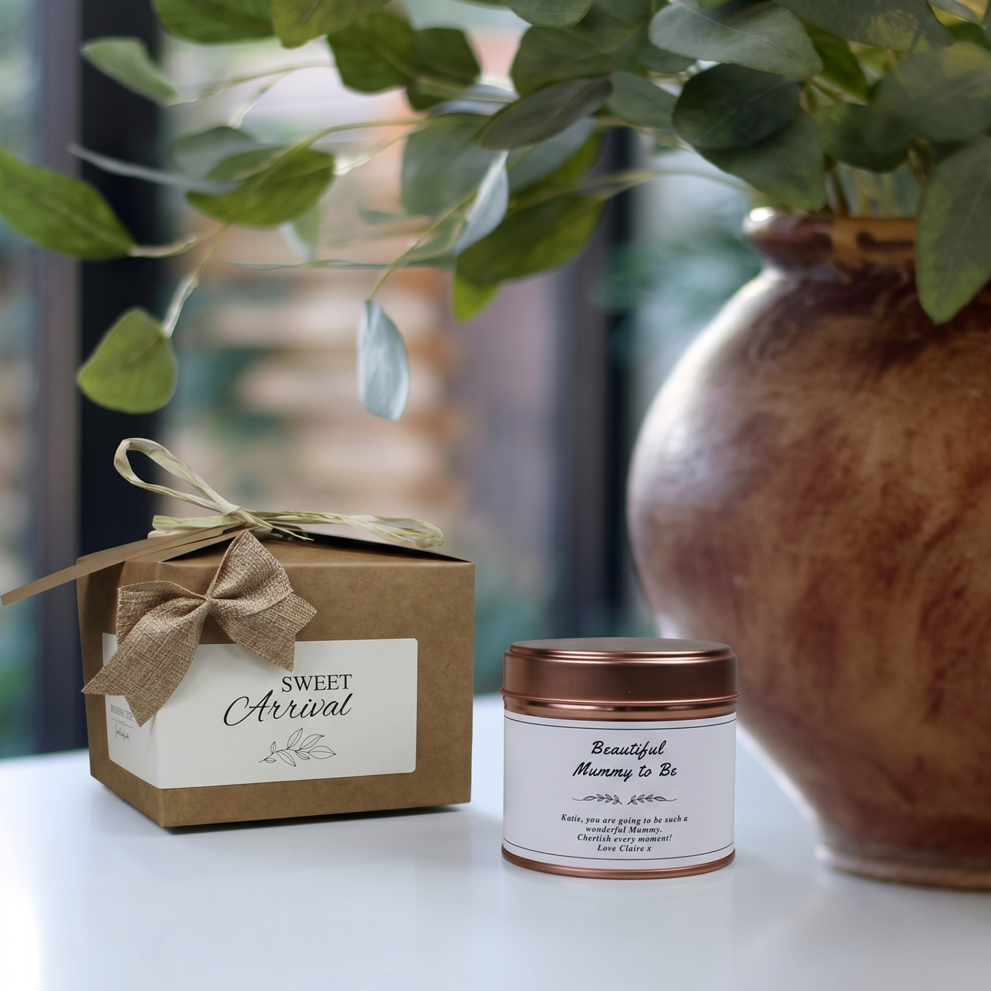Custom luxury baby shower gift box featuring a personalized pregnancy keepsake candle and matching home fragrance diffuser by Hideaway Home Fragrances.