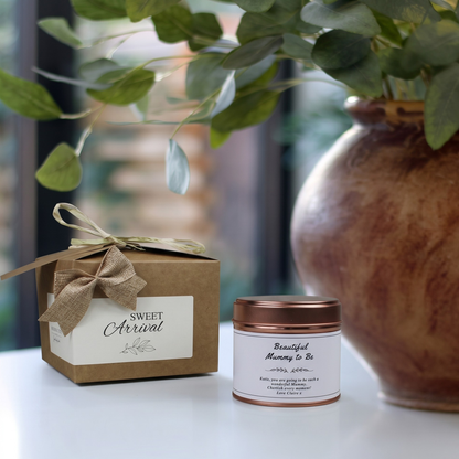 Custom luxury baby shower gift box featuring a personalized pregnancy keepsake candle and matching home fragrance diffuser by Hideaway Home Fragrances.