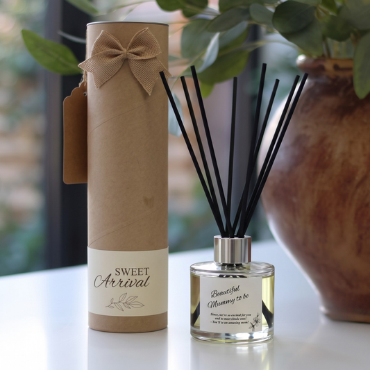 Personalised "Beautiful Mummy To Be" candle and luxury reed diffuser keepsake gift set, beautifully packaged and ready to gift by Hideaway Home Fragrances.