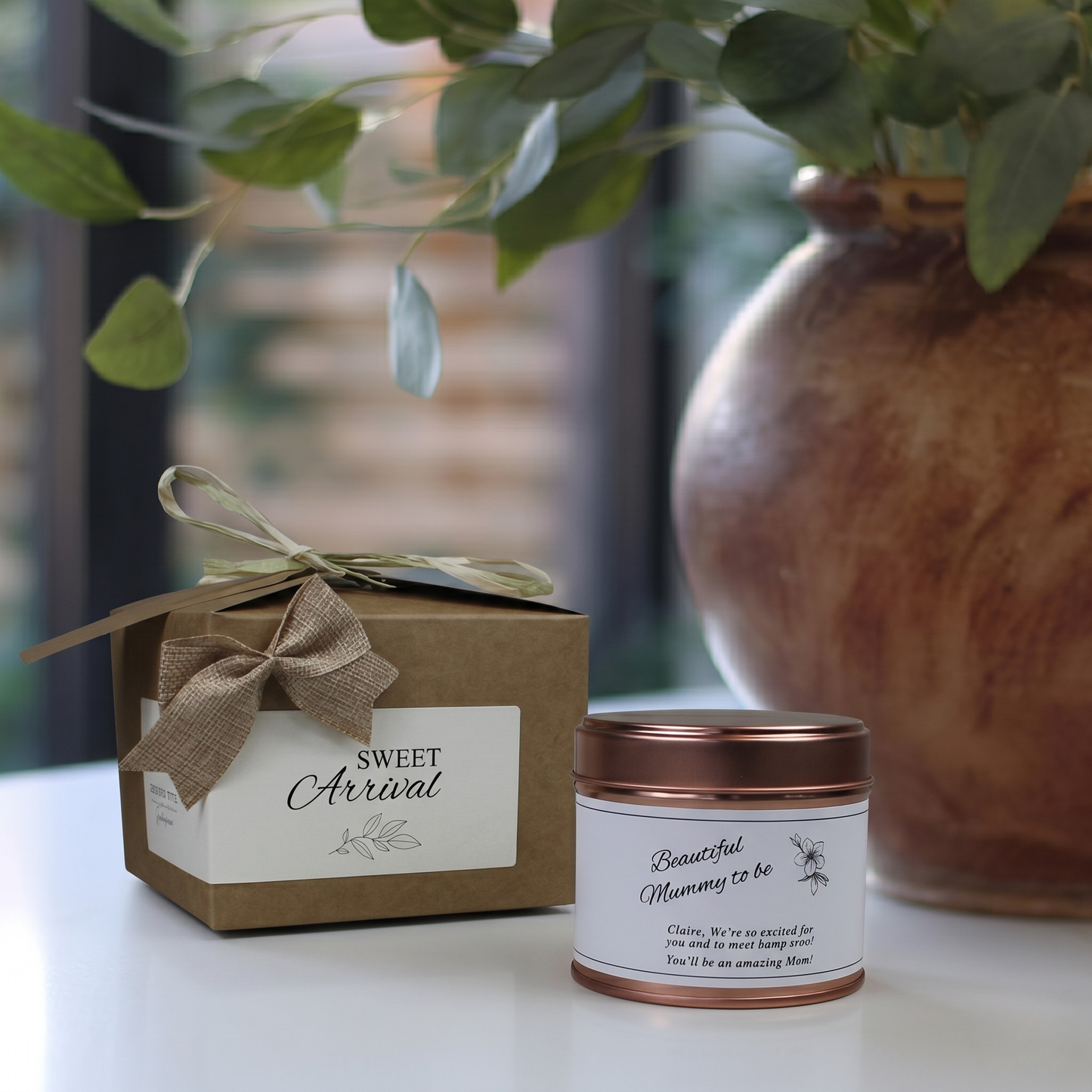 Custom luxury baby shower gift box featuring a personalized beautiful mummy to be pregnancy candle and matching home fragrance diffuser by Hideaway Home Fragrances.