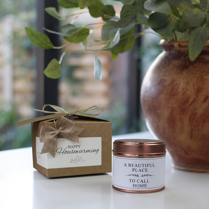 Custom housewarming gift box featuring a personalized new home blessing candle and matching home fragrance diffuser by Hideaway Home Fragrances.