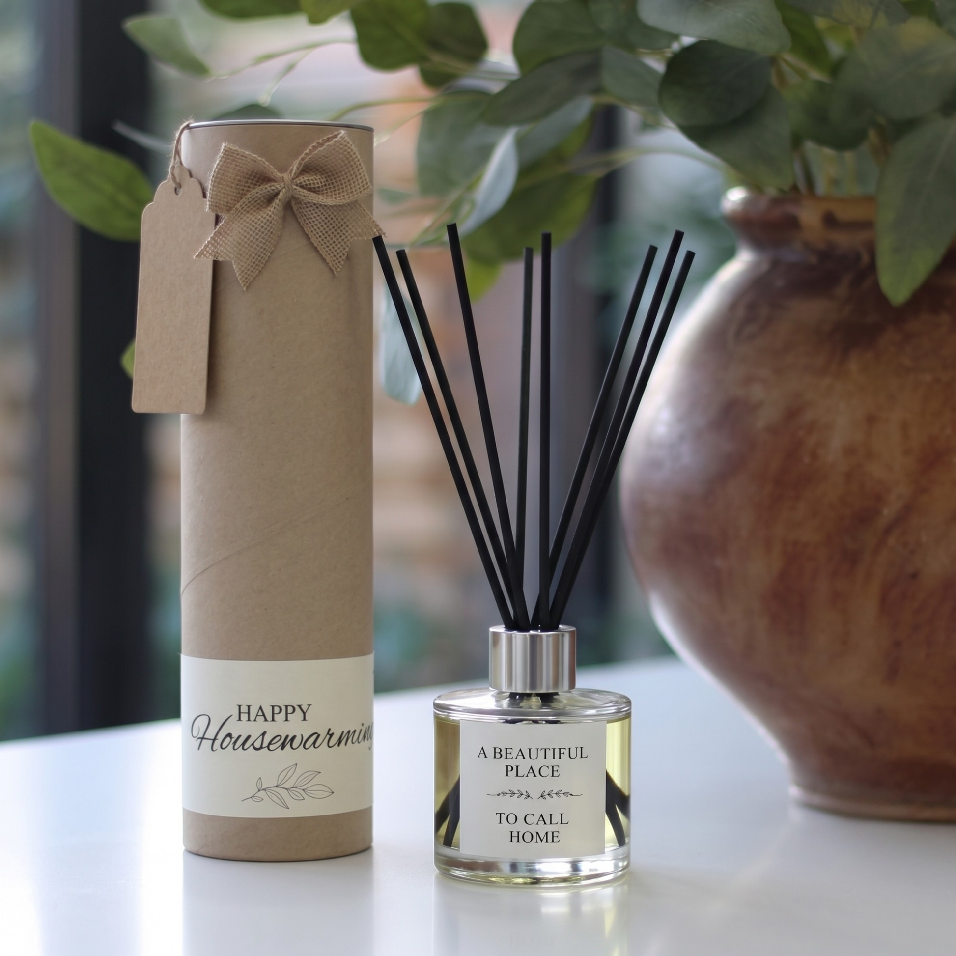 Personalised "Beautiful Place To Call Home" candle and luxury reed diffuser keepsake gift set, beautifully packaged and ready to gift by Hideaway Home Fragrances.