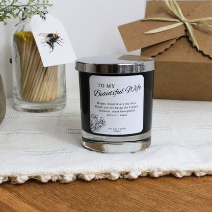 Personalised anniversary candle with ‘To My Beautiful Wife’ design and custom message – Hideaway Home Fragrances
