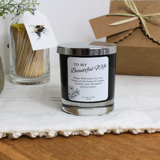 Personalised anniversary candle with ‘To My Beautiful Wife’ design and custom message – Hideaway Home Fragrances