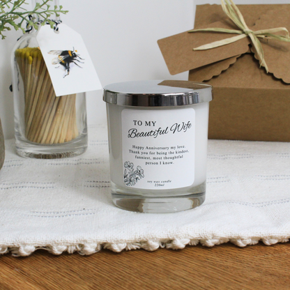 Luxury hand-poured wedding anniversary candle keepsake for wife with bespoke label – Hideaway Home Fragrances