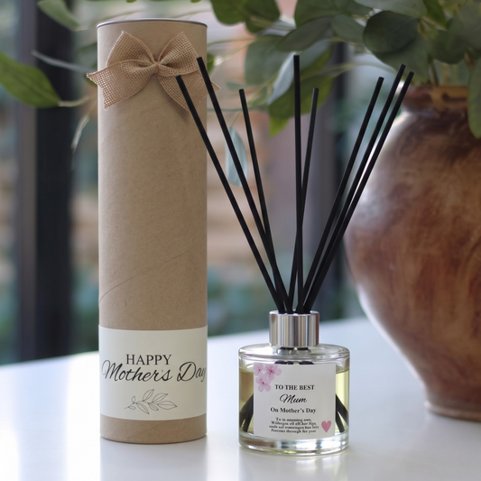 Personalised "Best Mum" Mother's Day candle and luxury reed diffuser keepsake gift set, beautifully packaged and ready to gift by Hideaway Home Fragrances.