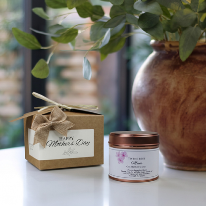Custom luxury Mother’s Day gift box featuring a personalized best mum ever birthday candle and matching home fragrance diffuser by Hideaway Home Fragrances.