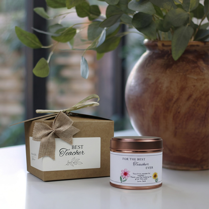 Custom luxury teacher appreciation gift box featuring a botanical illustration thank you educator candle and matching home fragrance diffuser by Hideaway Home Fragrances.