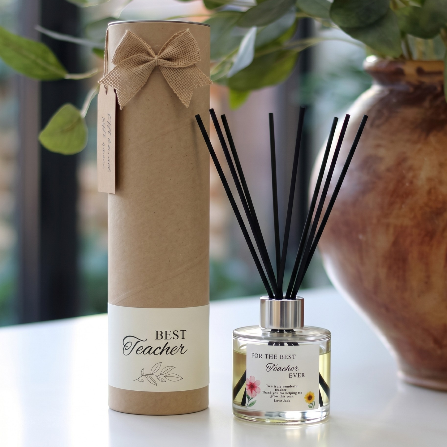 Personalised "Best Teacher Ever" floral design end of term candle and luxury reed diffuser keepsake gift set, beautifully packaged and ready to gift by Hideaway Home Fragrances.
