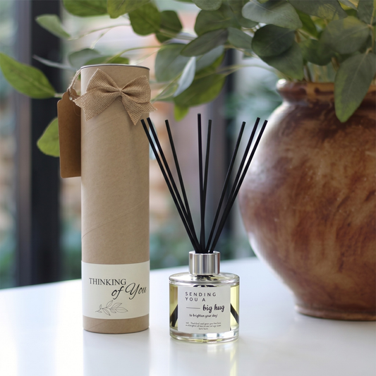 Personalised "Get Well Soon" big hug candle and luxury reed diffuser keepsake gift set, beautifully packaged and ready to gift by Hideaway Home Fragrances.