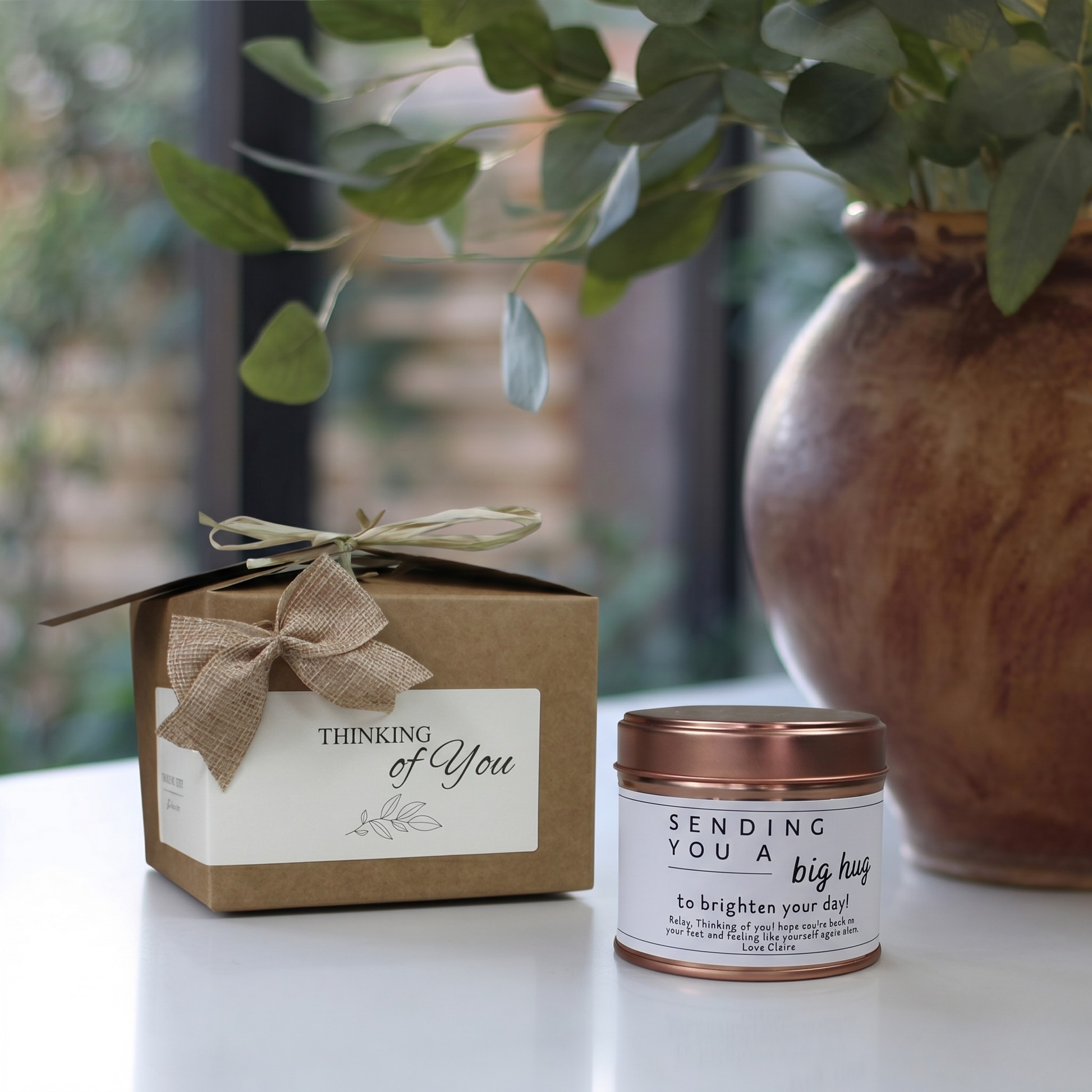Sending a big hug recovery care package gift box featuring a custom comfort candle and matching home fragrance diffuser by Hideaway Home Fragrances.