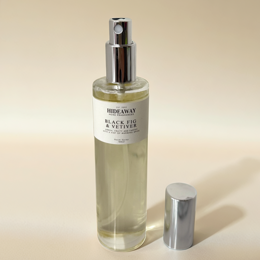 Black Fig and Vetiver Room Spray – earthy, green home fragrance with fig, citrus, and mossy vetiver notes - Hideaway Home Fragrances