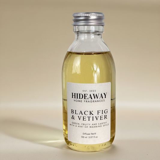 Black Fig & Vetiver reed diffuser refill with fig, citrus, and earthy vetiver – rich and grounding home fragrance – Hideaway Home Fragrances