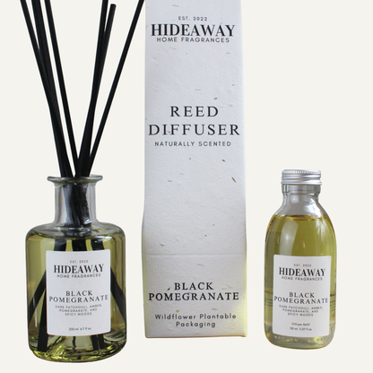 Elegant Black Pomegranate Reed Diffuser – Opulent Exotic Sensual Home Scent with Cedarwood and Spices | Hideaway Home Fragrances