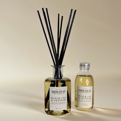 Refined reed diffuser refill – rich fig aroma blended with moss, amber, and cedarwood – Hideaway Home Fragrances