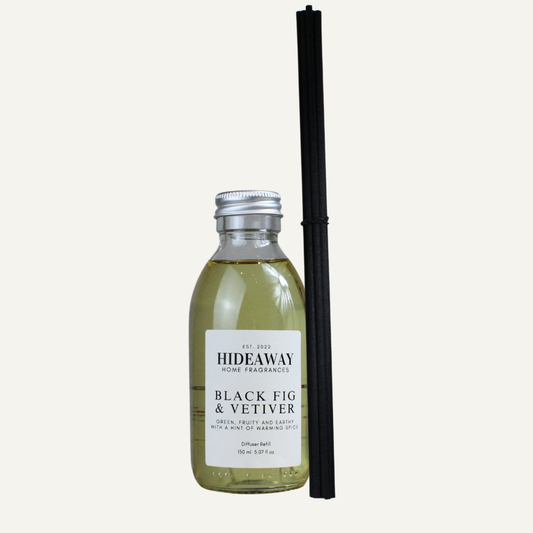 Black Fig & Vetiver Reed Diffuser Refill – Rich Sophisticated Grounding Home Fragrance with Fig, Vetiver, and Oak Moss | Hideaway Home Fragrances